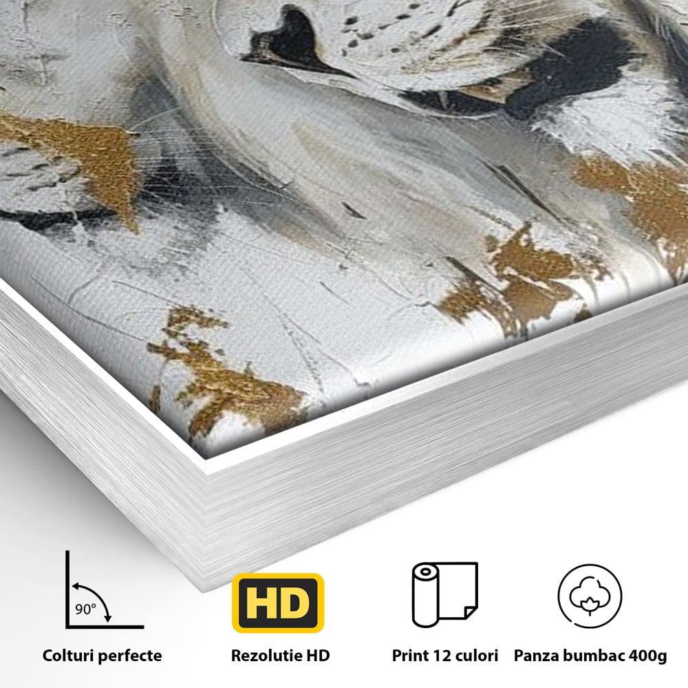 Detaliu al suprafetei: tablou canvas cu doi lei si accente aurii, in rama de aluminiu argintiu